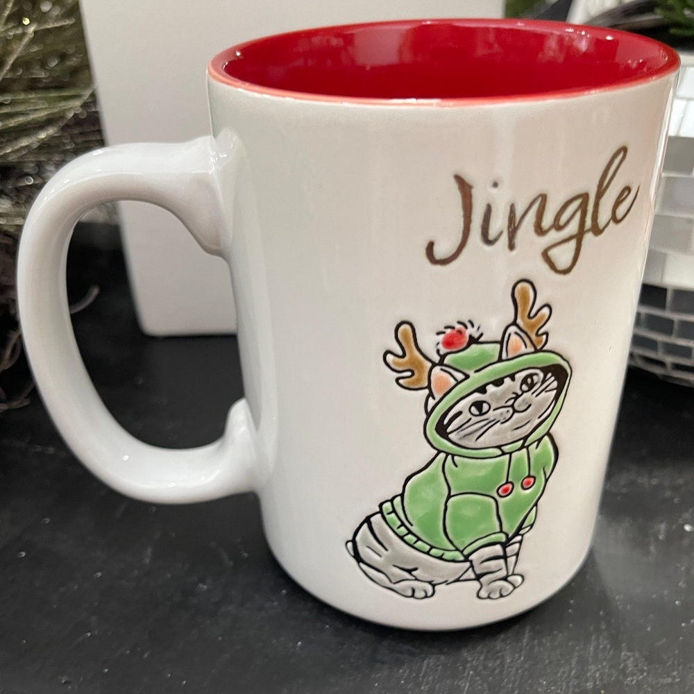 Christmas Cat Jingle Tabby Cat Reindeer Ceramic Coffee Mug NEW